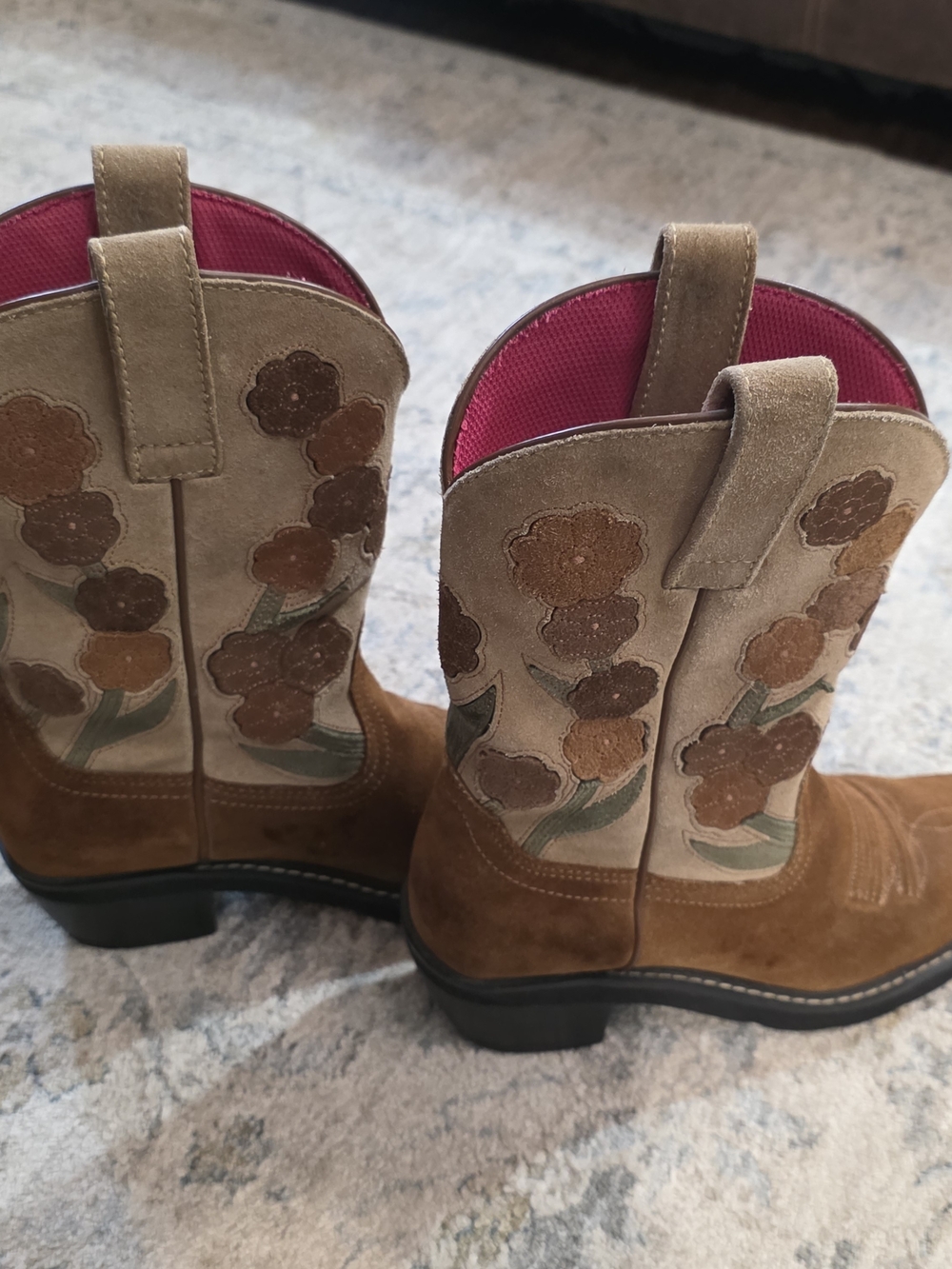 Ariat Brown Suede Floral Embroidered Heeled Boots with Pink Lining